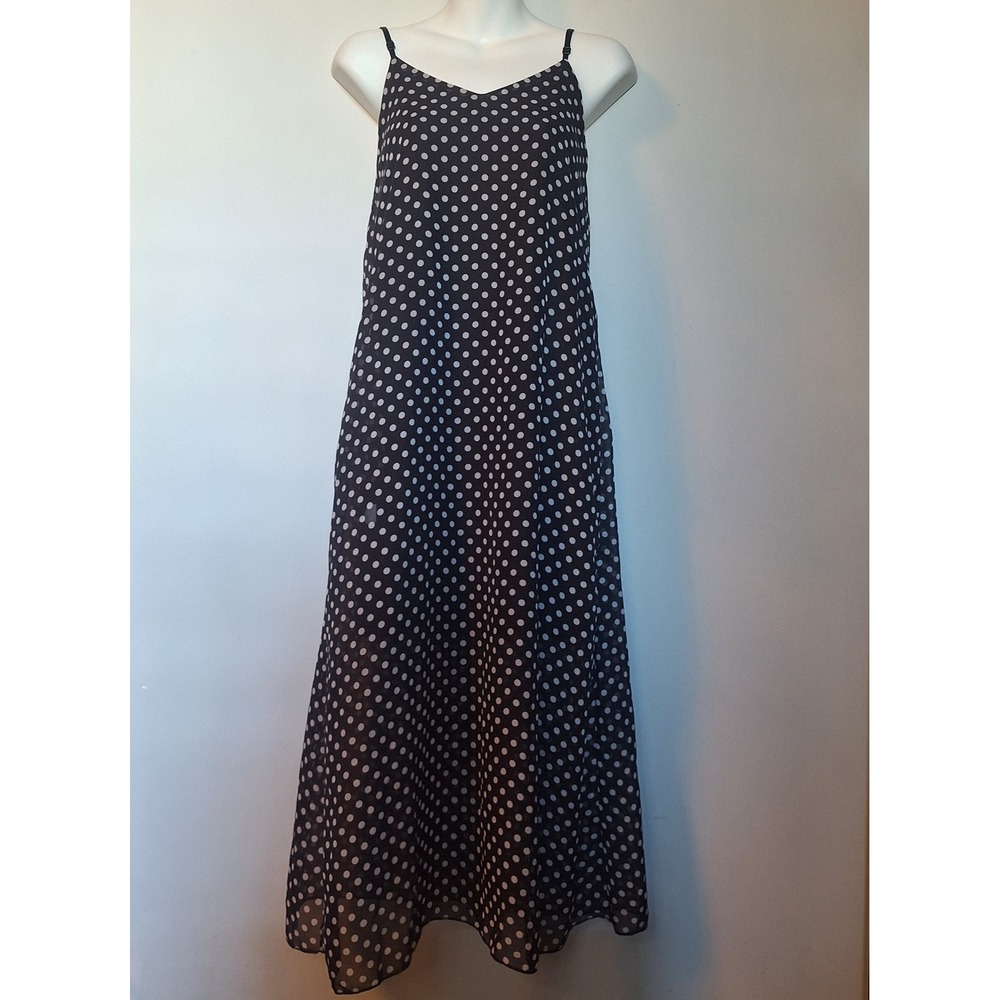 Black & White Polka Dot Spaghetti Strap Flowy Maxi Dress Pockets Size XL